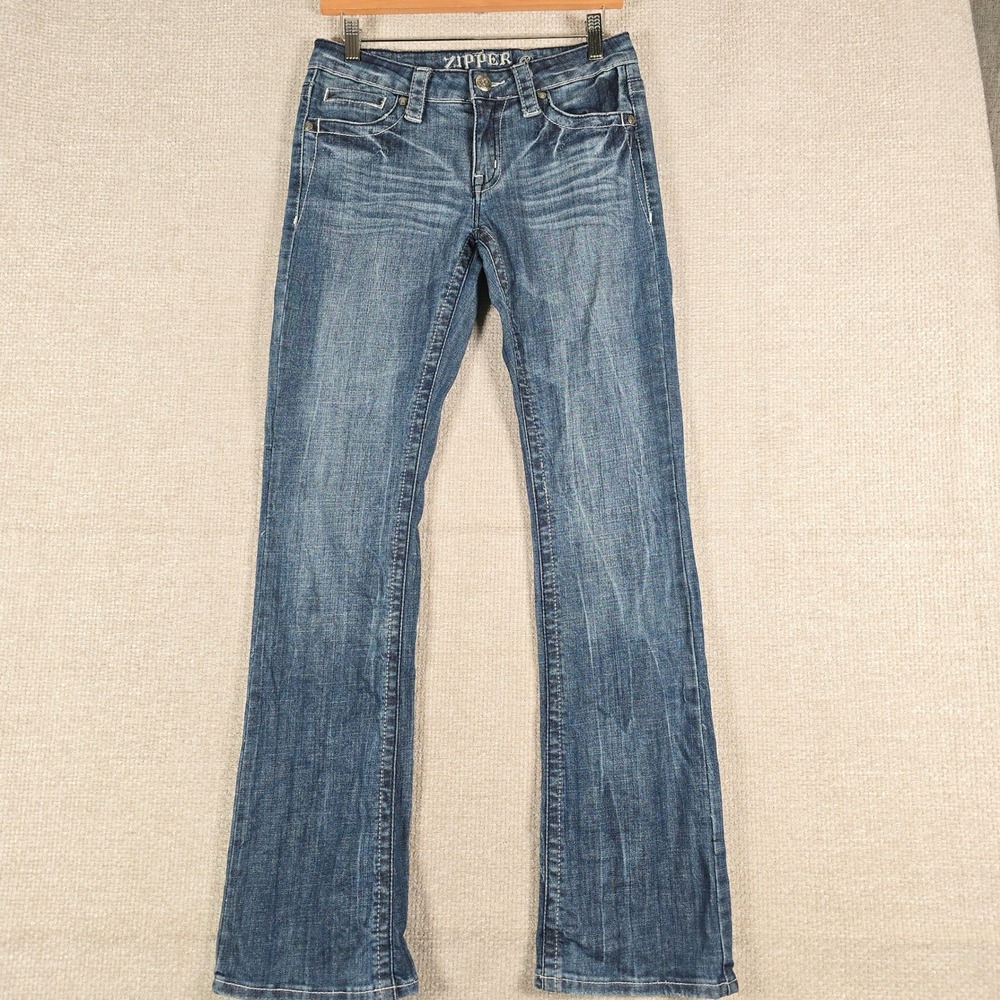 Zipper Premium Womens Bootcut Jeans Size 7 Medium Wash Wing Bling ZI-LP7059 Blue